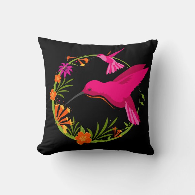 Cojín Decorativo Hummingbirds rosado sobre el trópico negro (Anverso)