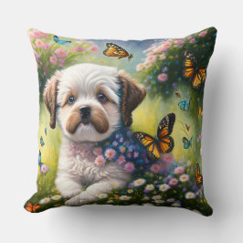 Cojín Decorativo Hund in Blumenwiese mit Schmetterlingen