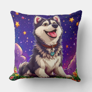 Cojín Decorativo Husky Alegre Contra Cielo Estrellado