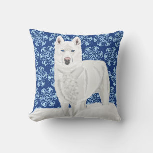 Cojín Decorativo Husky blanco contra copos de nieve y cielo azul os