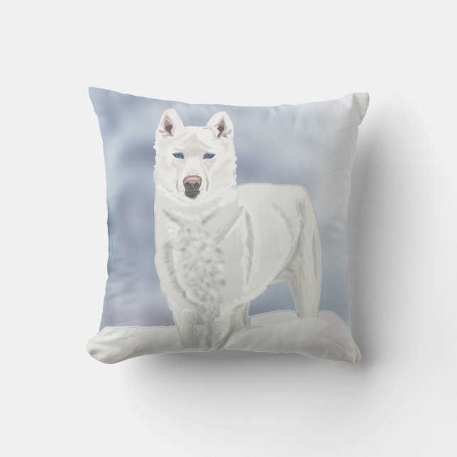Cojín Decorativo Husky blanco contra fondo nevado (Anverso)
