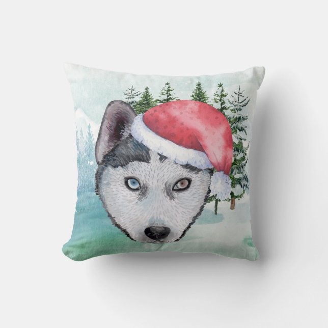Cojín Decorativo Husky en Santa Cap (Anverso)
