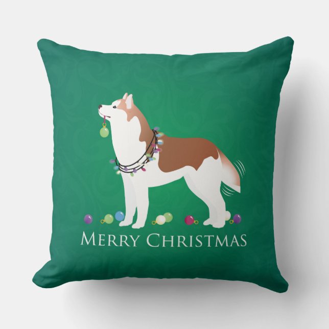 Cojín Decorativo Husky Siberiano - Rojo - Feliz diseño navideño (Anverso)