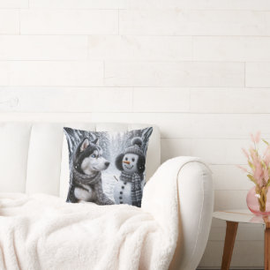 Cojín Decorativo Husky y muñeco de nieve en bosques invernales