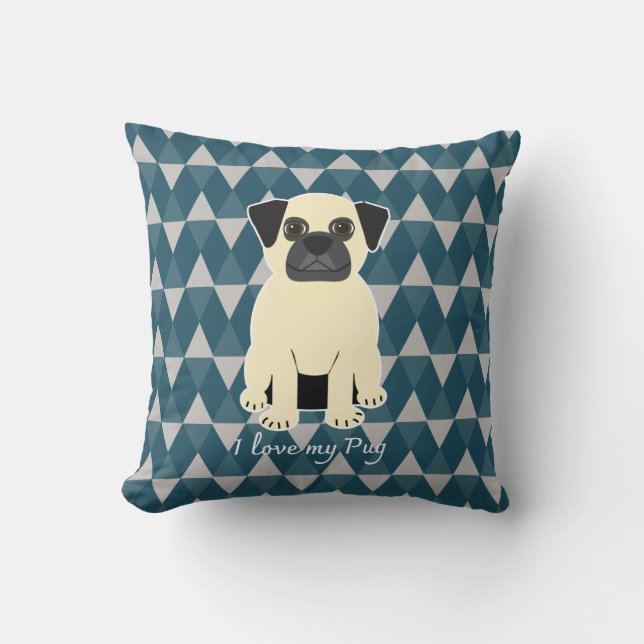 Cojín Decorativo I love my Pug, Blue diamonds pattern (Anverso)