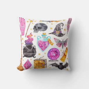 Cojín Decorativo Iconos de magia de acuarela. Dibujado a mano, gara