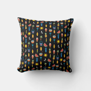 Cojín Decorativo Iconos de verano sin fisuras patrón vintage negro.