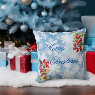 Cojín Decorativo Icy Blue Winter Snowflakes & Holly Merry Christmas