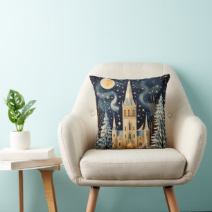 Cojín Decorativo Iglesia de invierno con estilo Gouache vintage Nav