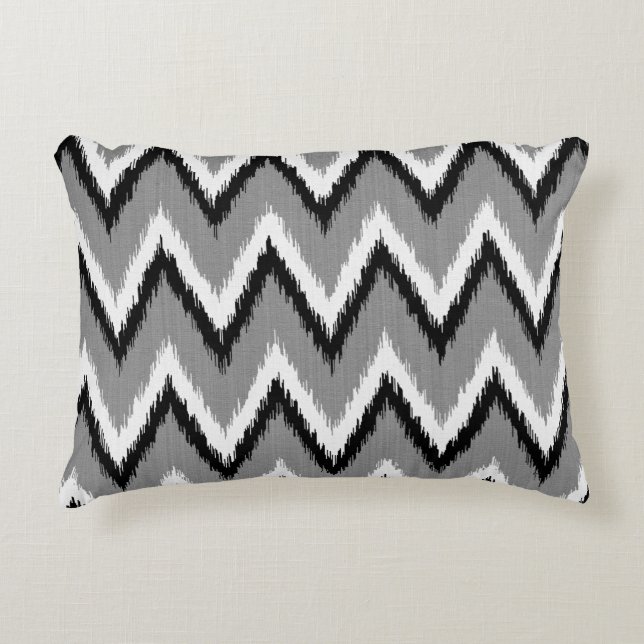 Cojín Decorativo Ikat Chevron Stripes - Gris / Gris, Negro y Blanco (Anverso)