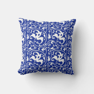 Cojín Decorativo Ikat Floral Damask - Azul Cobalto y Blanco