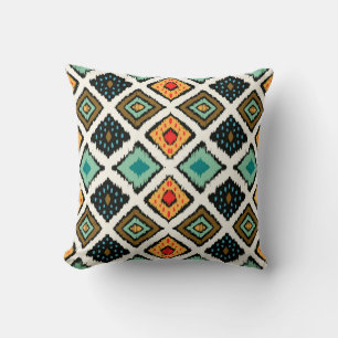 Cojín Decorativo Ikat geométrico, textura tribal folclórica.