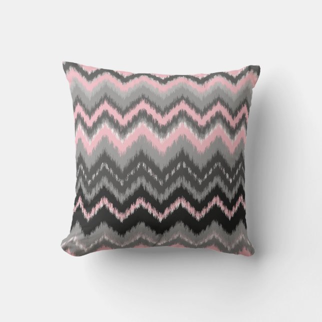 Cojín Decorativo Ikat rosado y gris Chevron (Anverso)