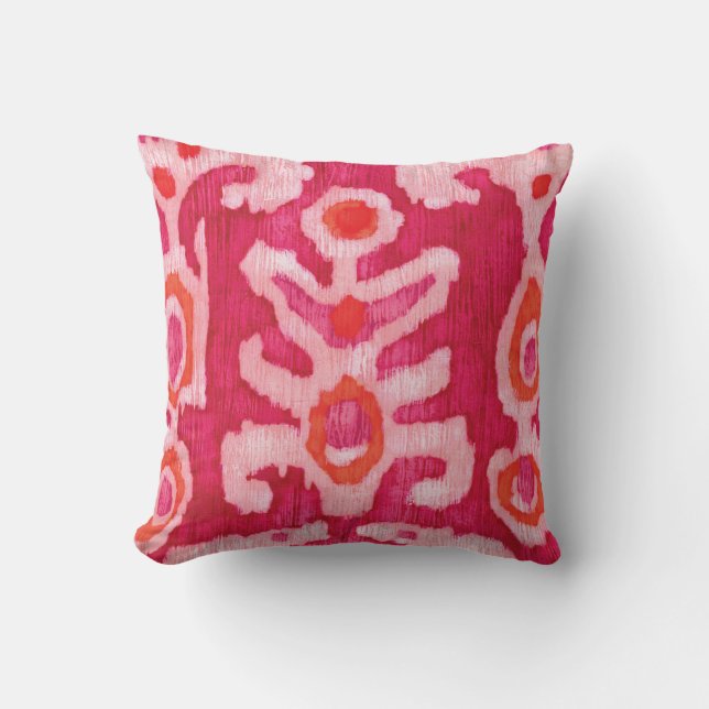 Cojín Decorativo Ikat tribal rosado y Naranja (Anverso)