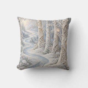 Cojín Decorativo Ilusión de relieve de bosque invernal en azul hiel