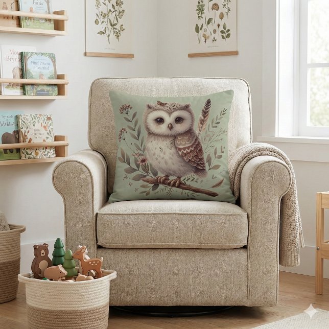 Cojín Decorativo Ilustración Botánica de Búho del Bosque Caprichoso (Whimsical Woodland Owl Botanical Illustration Throw Pillow Mockup A)