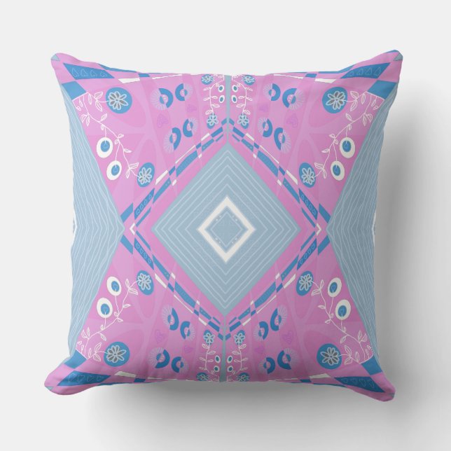 Cojín Decorativo Ilustracion Chintz Bohemio Blanco Azul Rosa (Anverso)