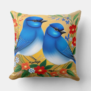Cojín Decorativo Ilustración Colorida de Dos Pájaros Azules