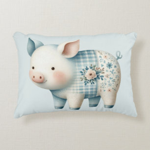 Cojín Decorativo Ilustración Cottagecore de Cerdo con Parche Azul