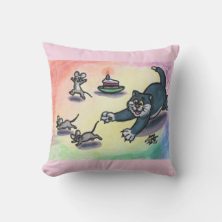 Cojín Decorativo Ilustración de acuarela Gato Dibujo animado Tarta