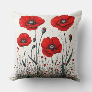 Cojín Decorativo Ilustración de amapolas rojas vibrantes
