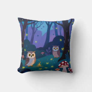 Cojín Decorativo Ilustración de Búhos del Bosque Nocturno