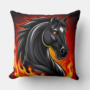 Cojín Decorativo Ilustración de caballo negro ardiente con ojos bri