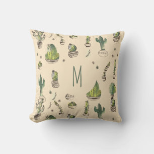 Cojín Decorativo Ilustración de Cactus Patrón Monograma