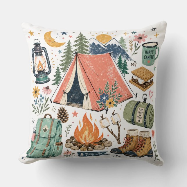 Cojín Decorativo Ilustración de camping (Anverso)