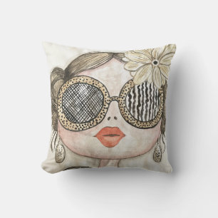 Cojín Decorativo ilustración de cara de chica fashion con gafas
