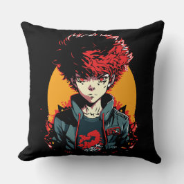 Cojín Decorativo Ilustración de chico anime: cabello rojo y negro