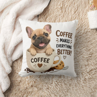 Cojín Decorativo Ilustración de Frenchie Adorable Amante del Café