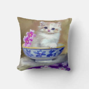 Cojín Decorativo Ilustracion de gatito blanco vintage