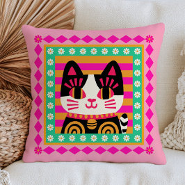 Cojín Decorativo Ilustración de gato lindo en felino floral a rayas