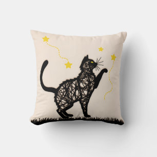 Cojín Decorativo Ilustración de Gato Negro con Estrellas Juguetonas