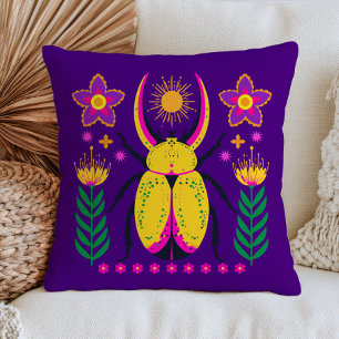 Cojín Decorativo Ilustración de Insecto Escarabajo Floral Bold Púrp