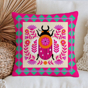 Cojín Decorativo Ilustración de insecto escarabajo floral fucsia ro