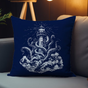 Cojín Decorativo Ilustración de Kraken tragando un faro