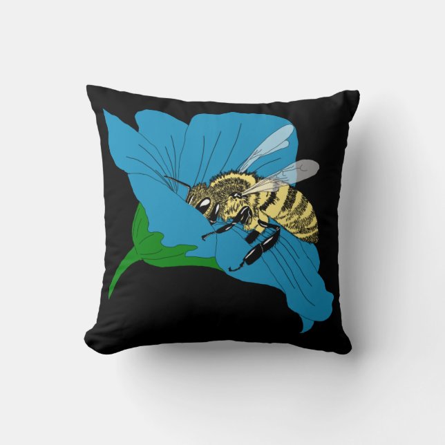 Cojín Decorativo Ilustracion de las flores azules de abejas (Anverso)