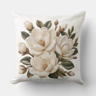 Cojín Decorativo Ilustración de magnolia blanca bordada en falso 3D