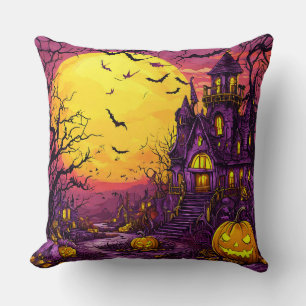 Cojín Decorativo Ilustración de Mansión Embrujada con Jack-O-Lanter