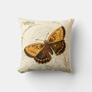 Cojín Decorativo Ilustracion de mariposa vintage, oro y marrón