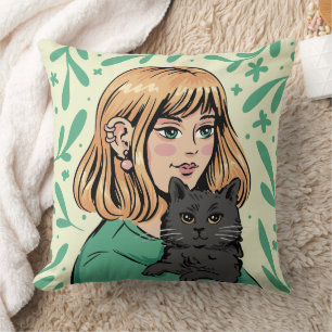 Cojín Decorativo Ilustración de niña con gato negro
