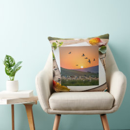 Cojín Decorativo Ilustración de pájaros al atardecer en hoja de dib