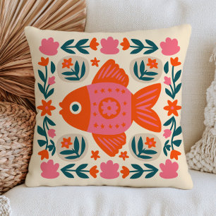 Cojín Decorativo Ilustración de pez dorado floral ecléctica botánic