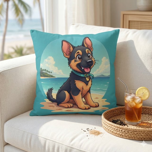 Cojín Decorativo Ilustracion de playa de Pastor Alemán (Cute German Shepherd Puppy Beach Illustration Throw Pillow Mockup A)