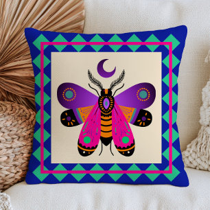 Cojín Decorativo Ilustración de polilla con luna creciente azul mís