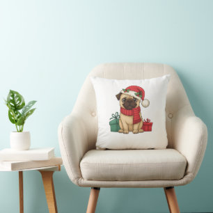 Cojín Decorativo Ilustración de regalo de Navidad de Pug lindo Sant