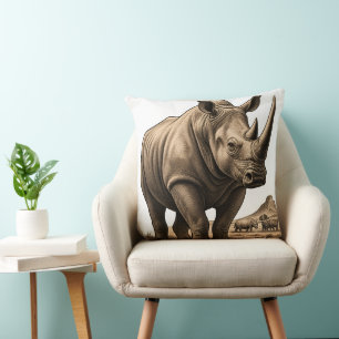Cojín Decorativo Ilustración de Rinoceronte de Fauna Africana Vinta