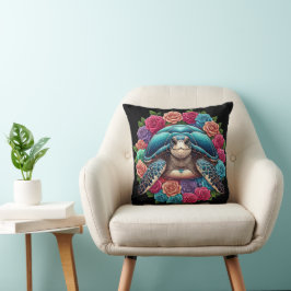 Cojín Decorativo Ilustracion de tortuga colorida rodeado de Rosas